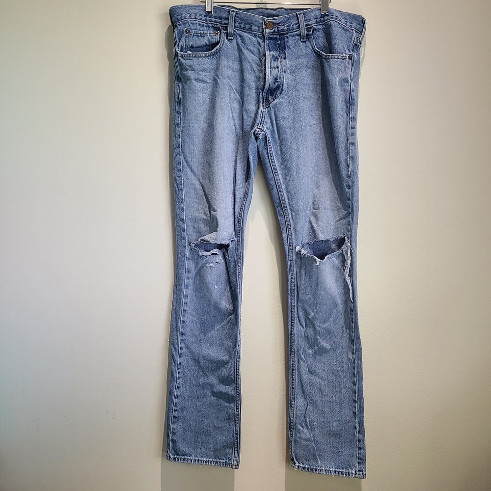Hollister Men's Jeans 36 x 34 Button Fly Distressed Light Wash Bootcut